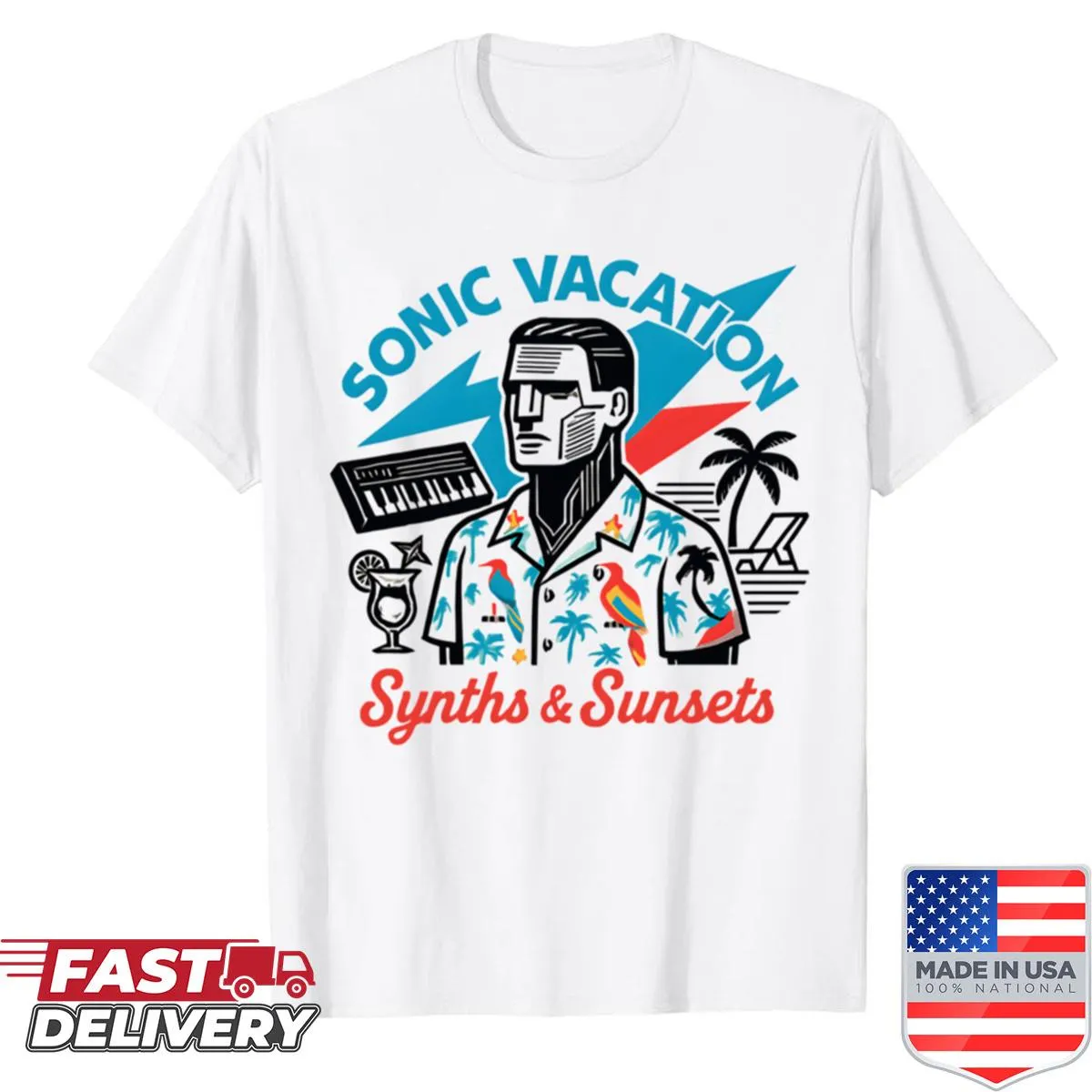 Tropical synthwave vacation themed design on a retro T-shirt