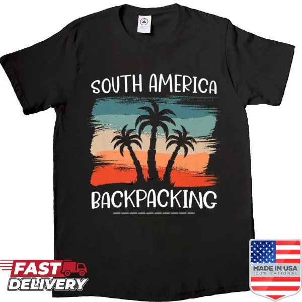 Travel-themed shirt depicting backpacking essentials for South America