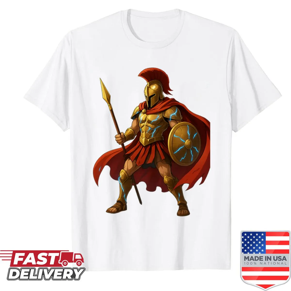 Spartan warrior emblem design on a power and honor themed T-shirt