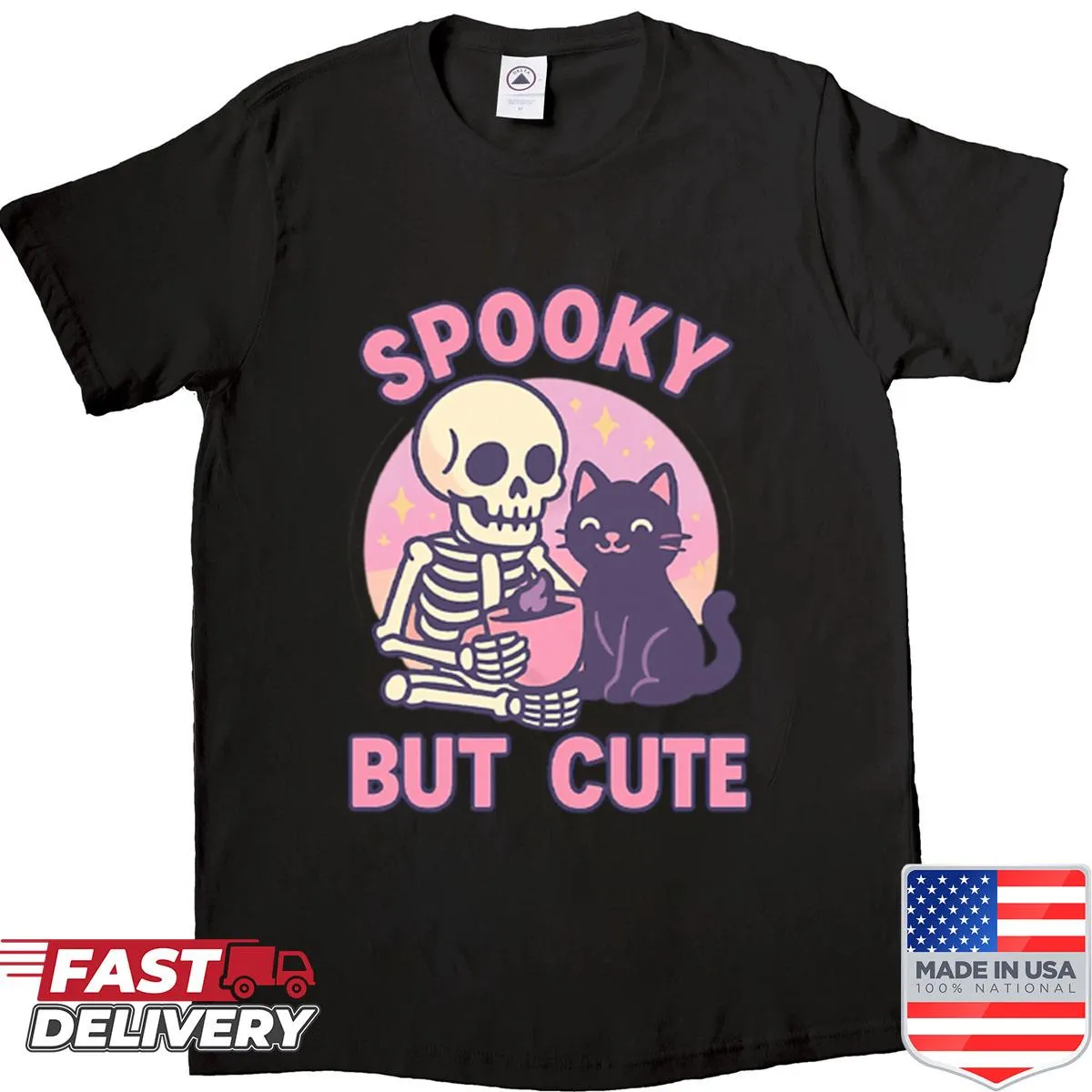 Cute skeleton and cat graphic for Halloween shirt