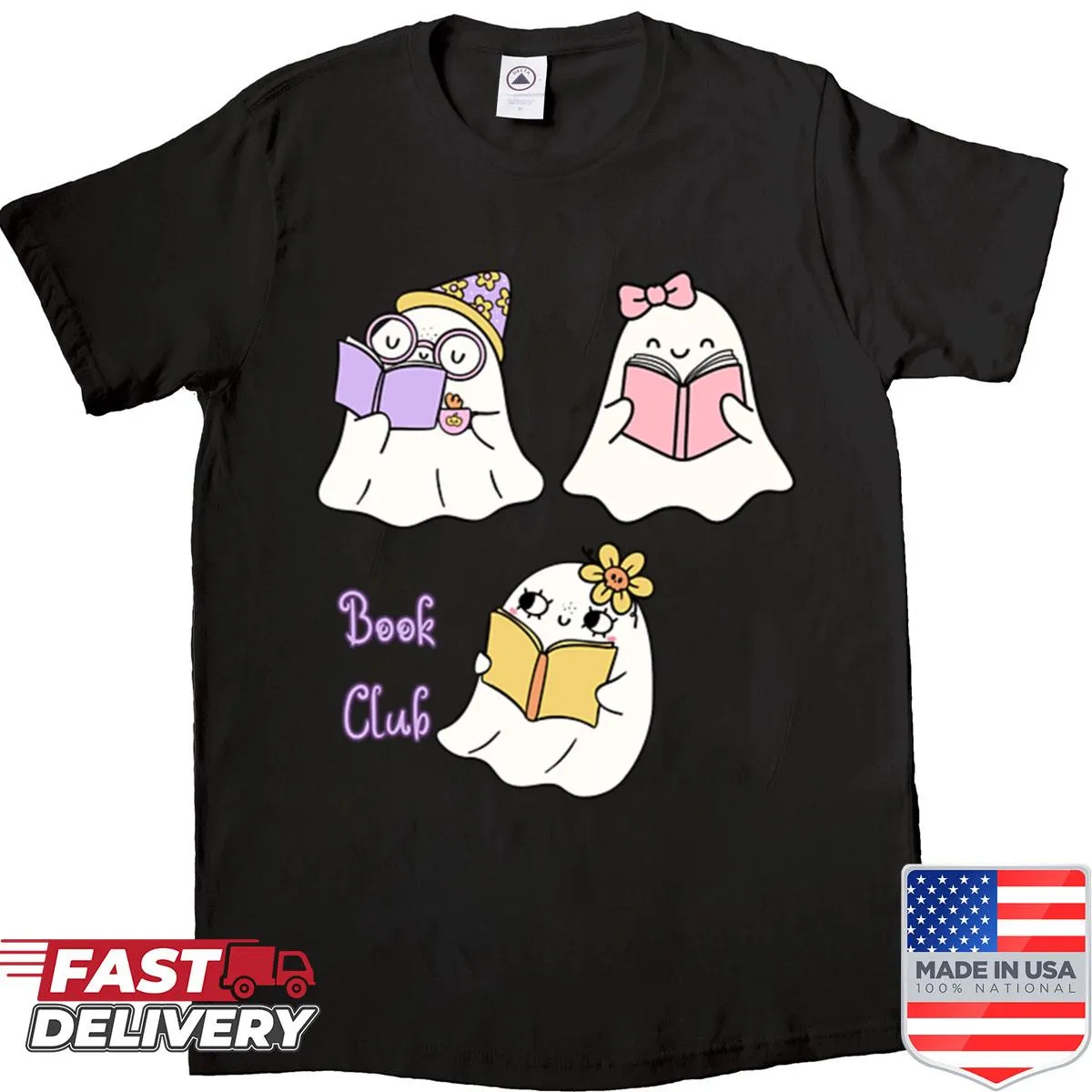 Cute shirt with ghost illustrations reading books