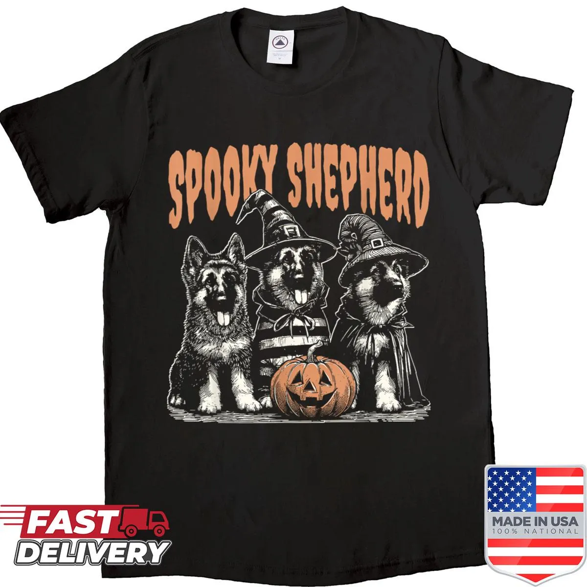 Halloween-themed shirt with a German Shepherd illustration.