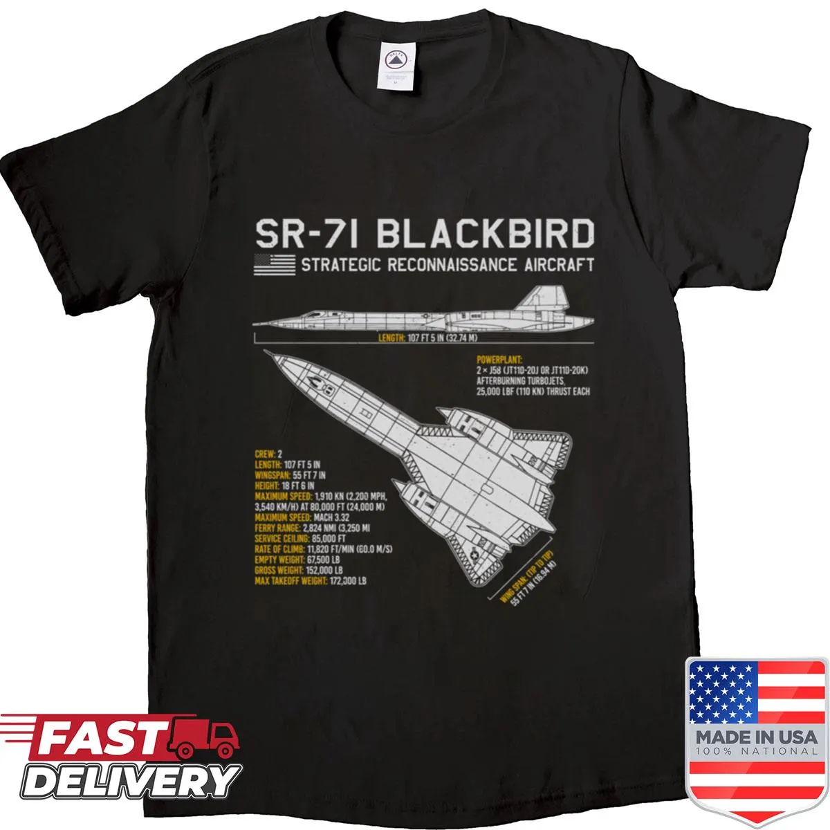 Shirt with SR-71 Blackbird aircraft blueprint design