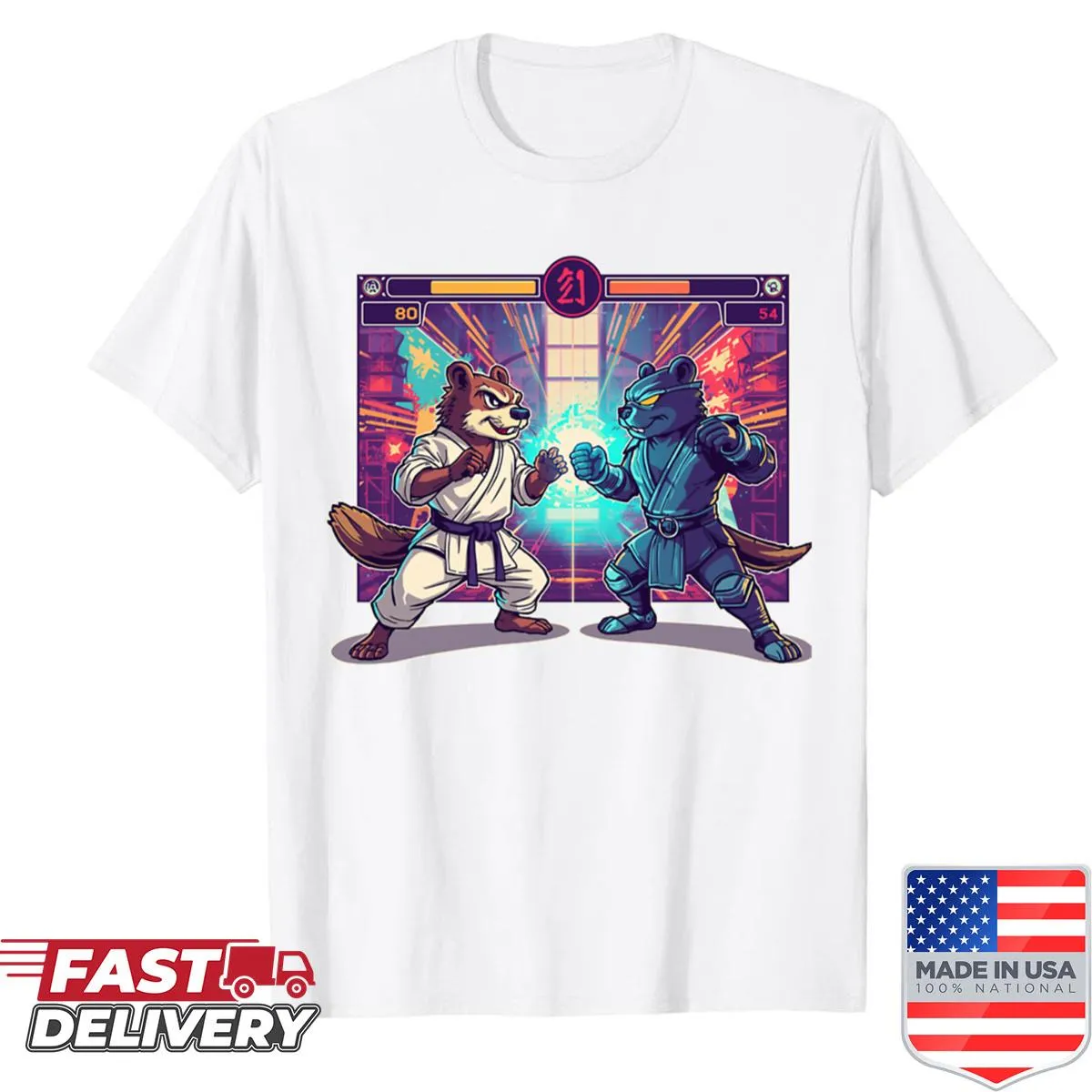 Retro gaming shirt with a beaver character in a showdown