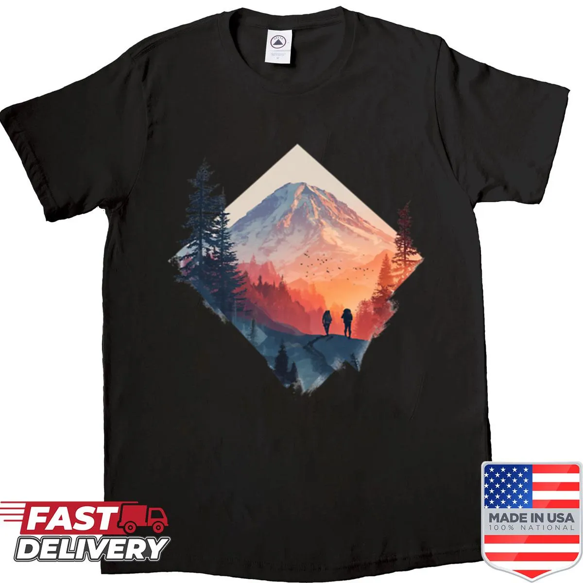 Illustrated shirt with mountains and sunset, representing adventure and travel.