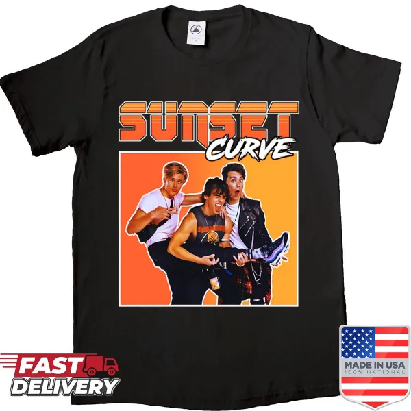 Retro design T-shirt featuring a sunset and curves