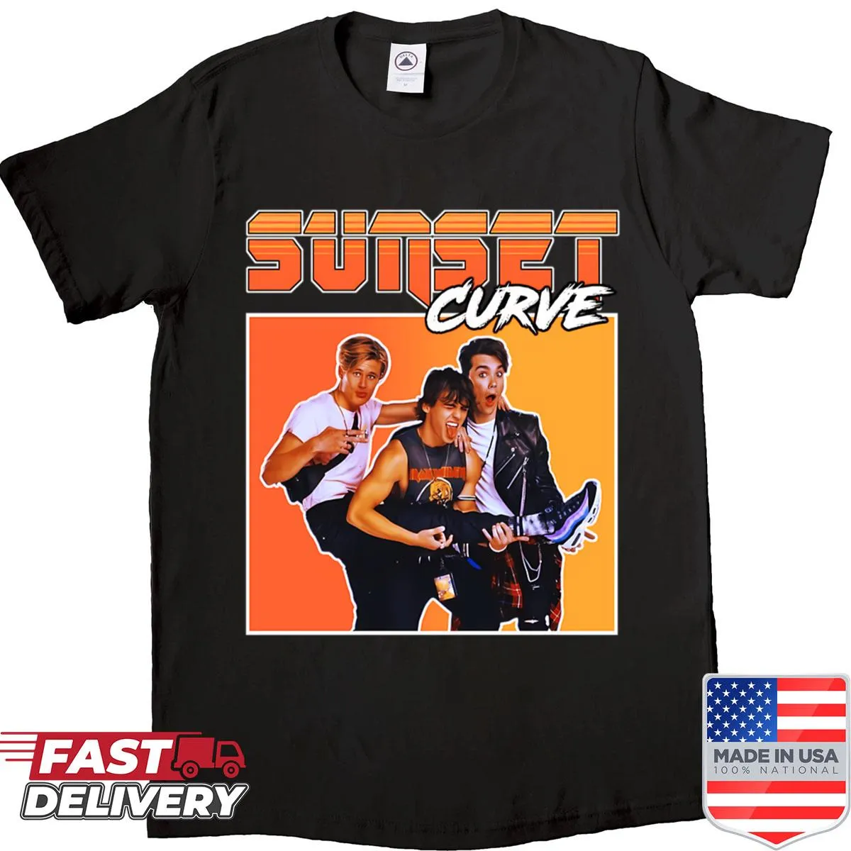 Retro design T-shirt featuring a sunset and curves