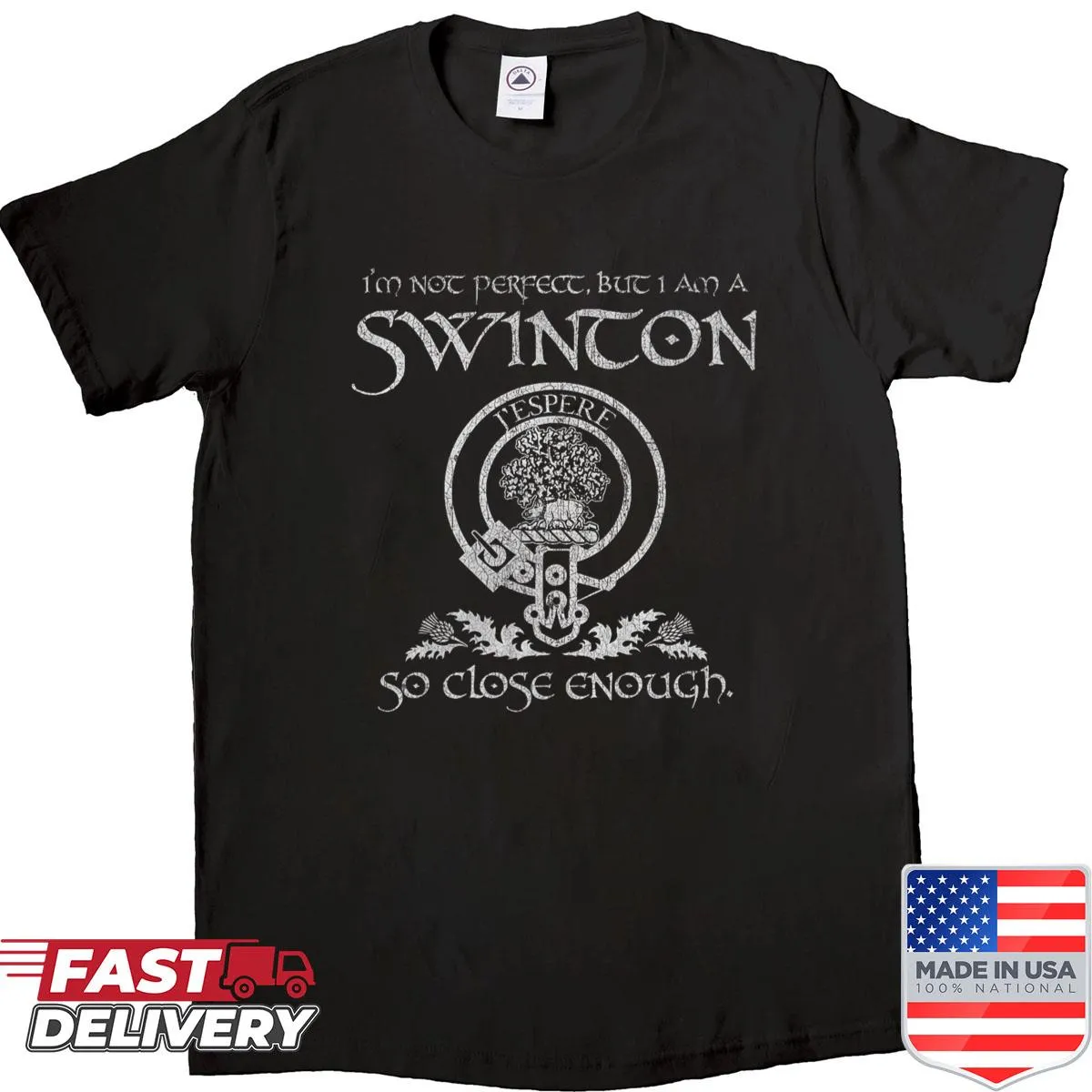 Vintage-style shirt featuring the Swinton clan name in distressed print.