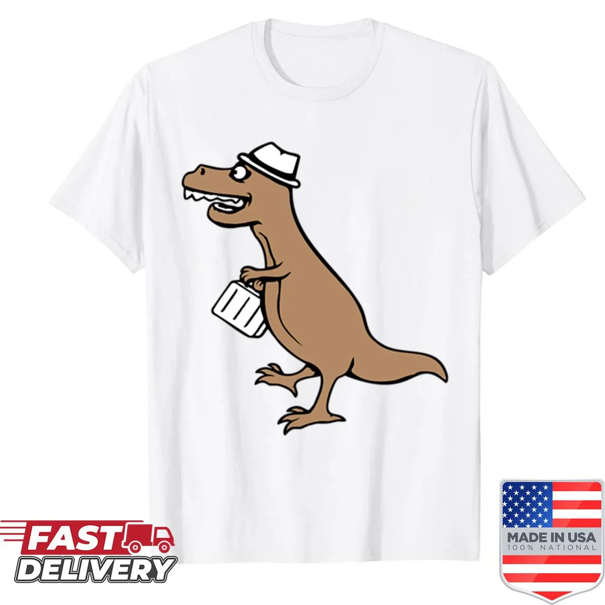 Cartoon T-rex dressed as an office worker with briefcase and hat