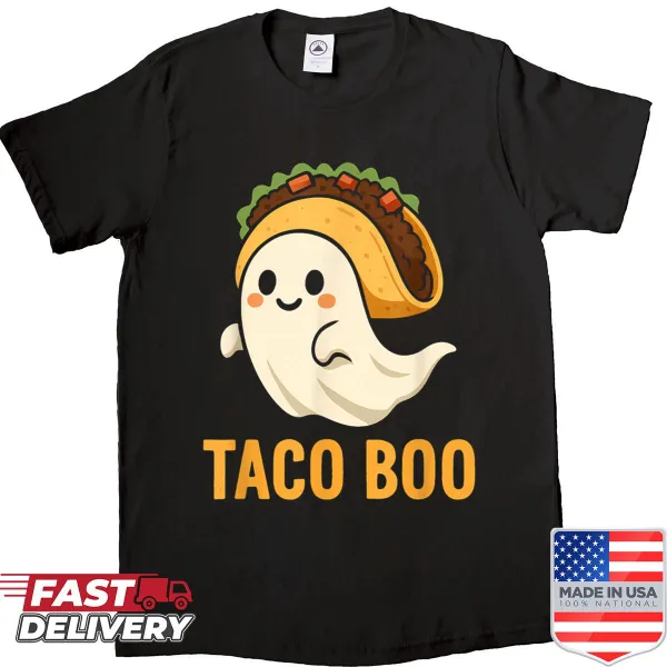Funny ghost shirt holding a taco with humorous text for Halloween.