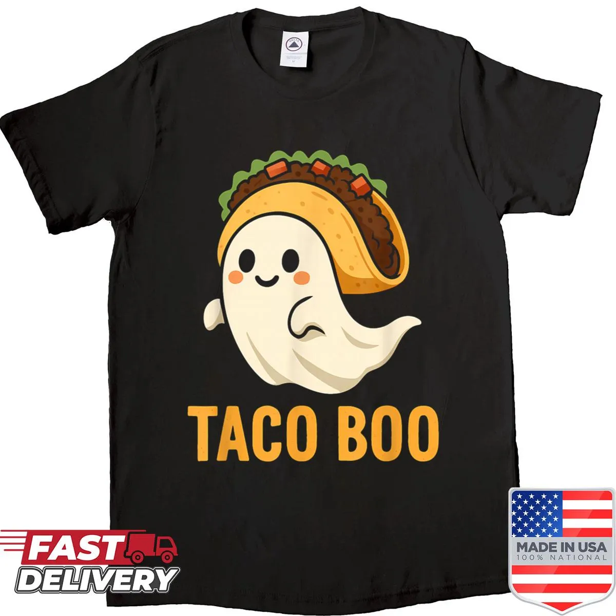 Funny ghost shirt holding a taco with humorous text for Halloween.