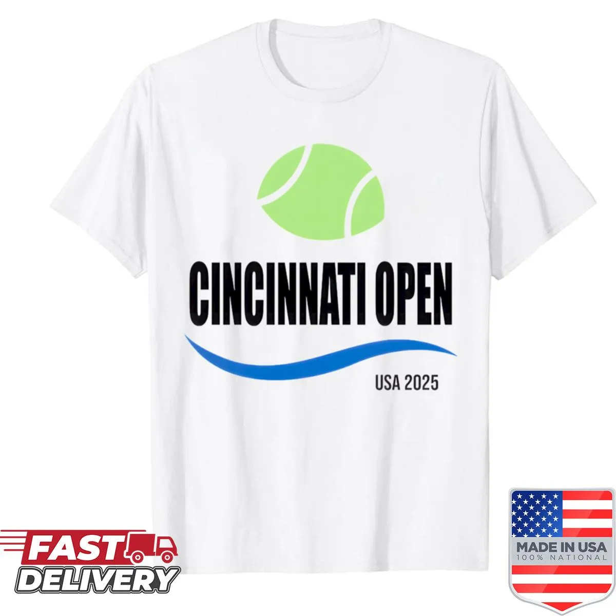 Shirt with a graphic of tennis balls forming a wave