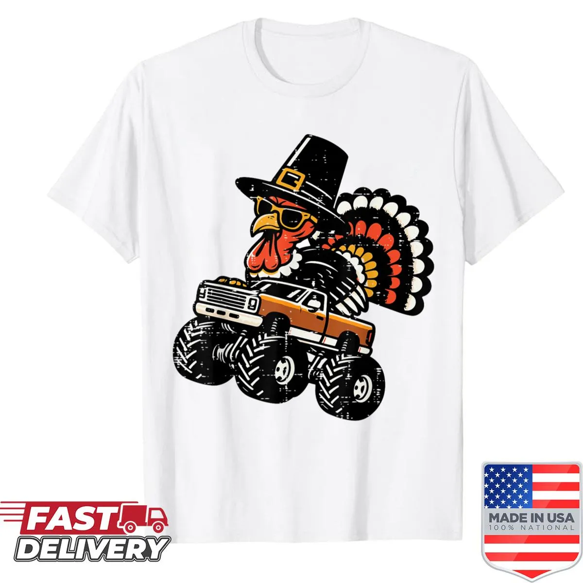 Cartoon turkey on a monster truck shirt for kids