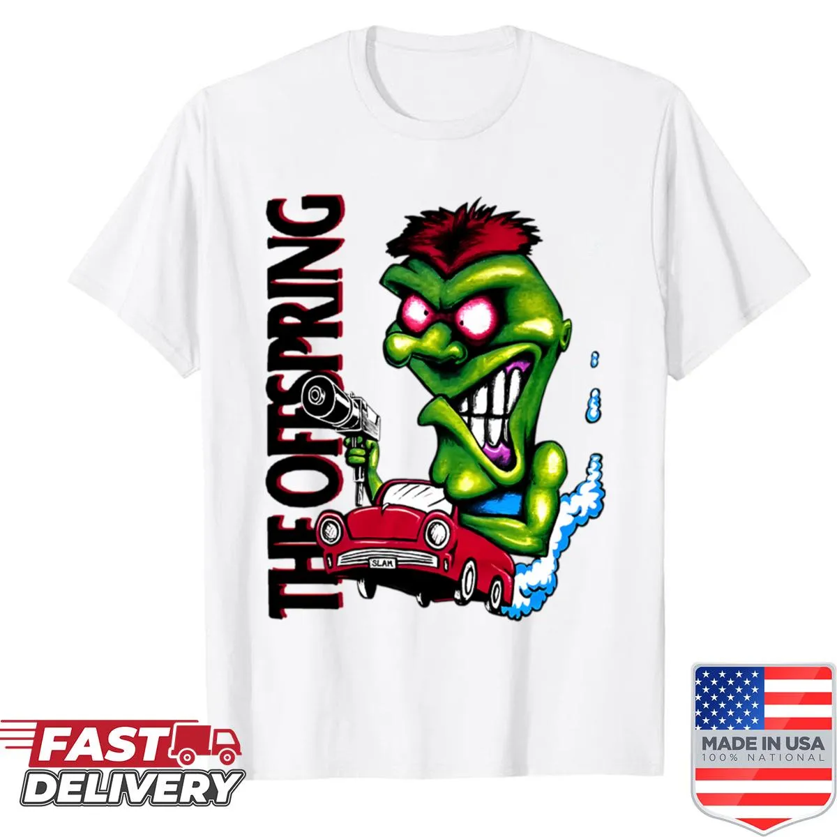 Illustration of a monster truck with the Offspring branding on a shirt