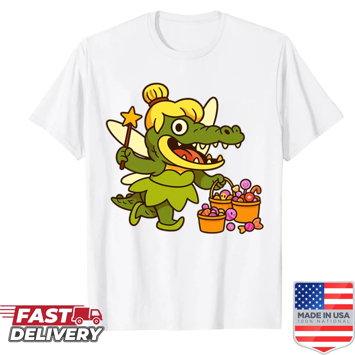 Whimsical Tinkerbell and crocodile graphic on a T-shirt