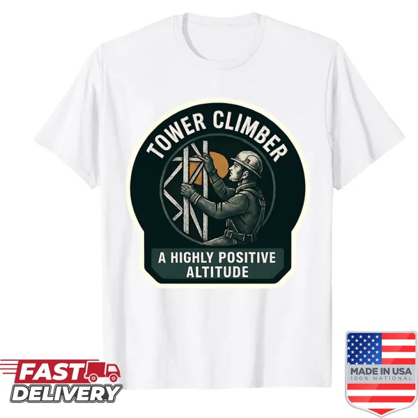 Sticker design shirt featuring a tower climber in a playful graphic