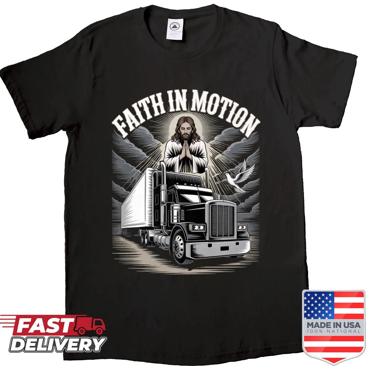 Emblematic t-shirt with an 18-wheeler and Christian prayer design.