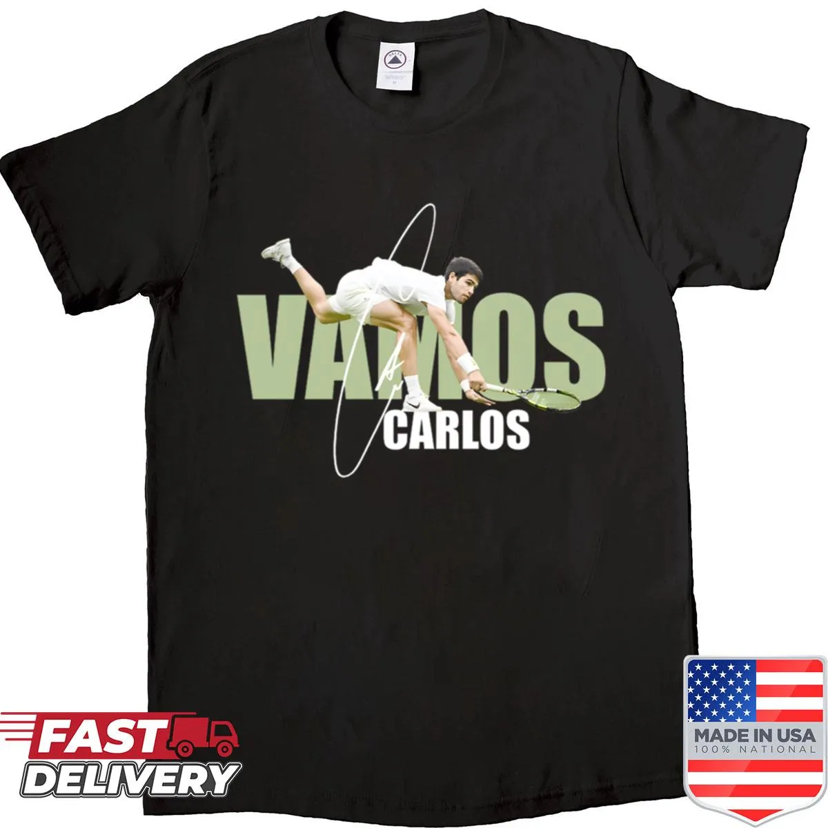 Tennis-themed T-shirt celebrating Carlos with dynamic typography