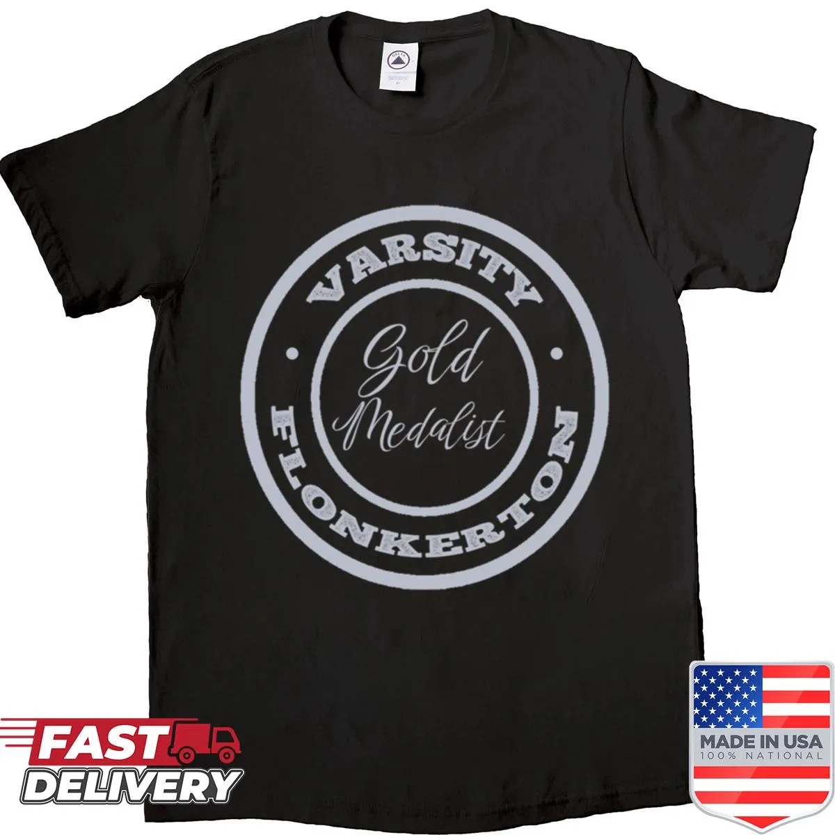 Vintage distressed shirt featuring 'Varsity Flonkerton Gold Medalist' text