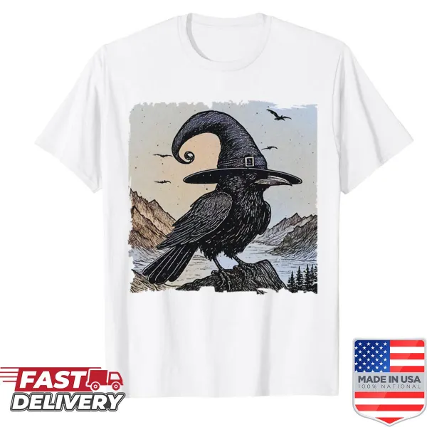 Vintage crow with witch hat on tree limb shirt