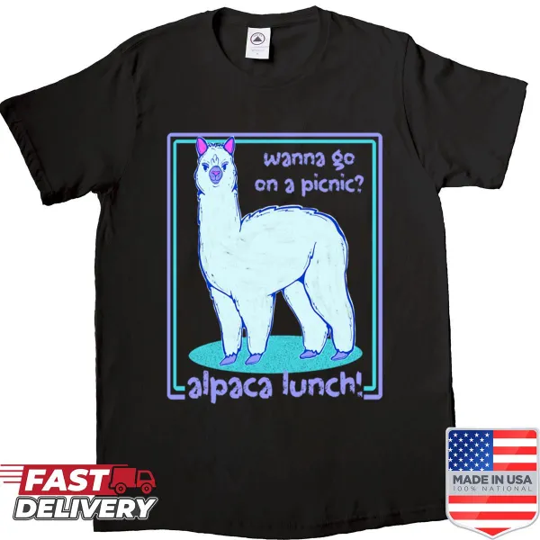 Alpaca meme shirt with playful picnic theme and humorous text