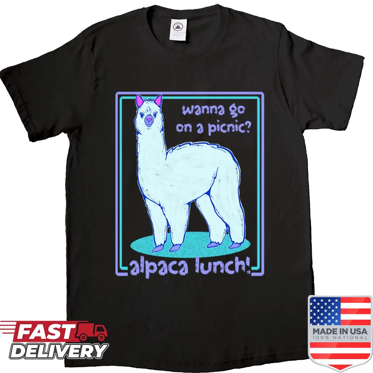 Alpaca meme shirt with playful picnic theme and humorous text