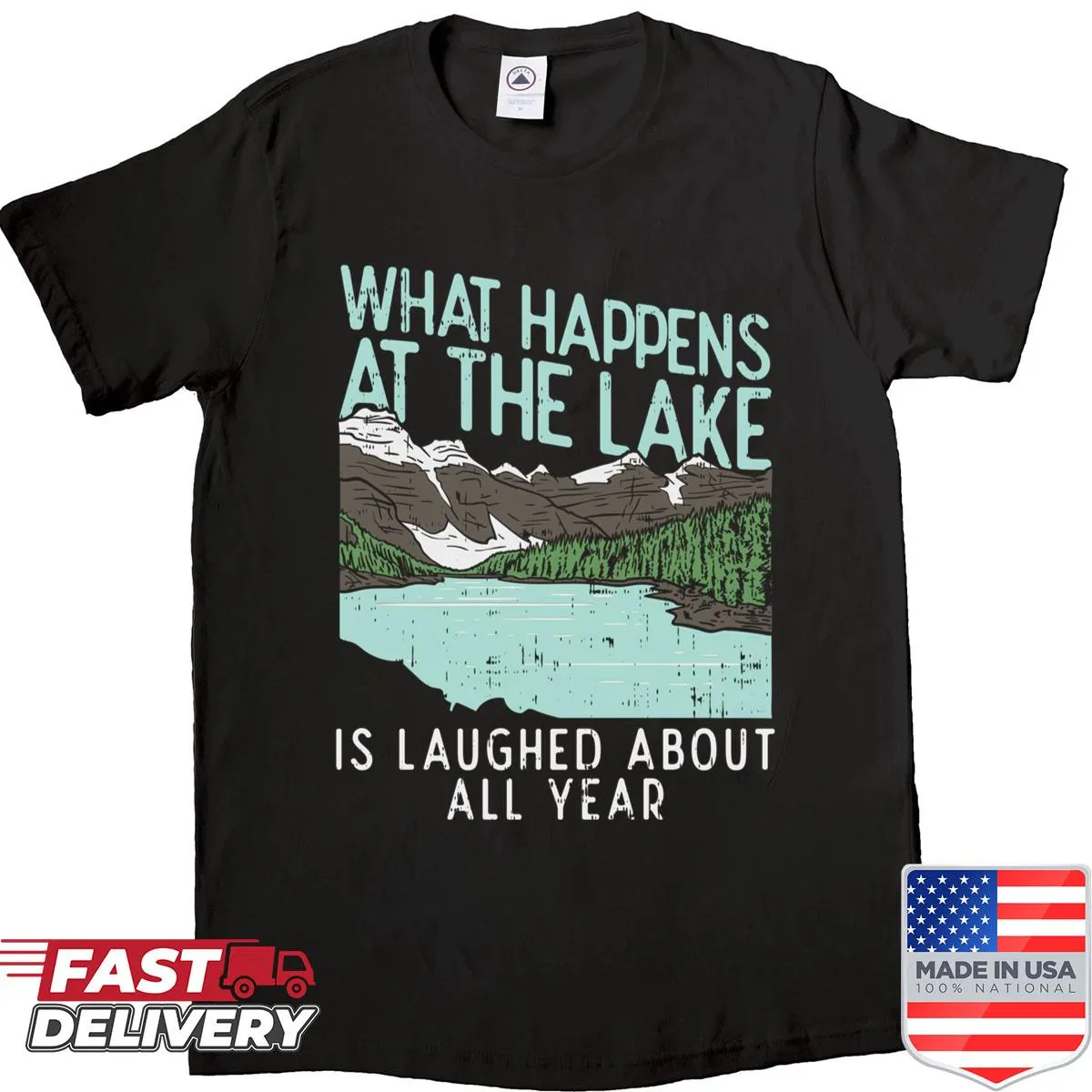 Whimsical lake-themed shirt with a fun saying.
