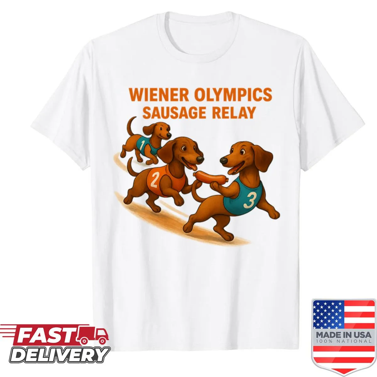 Playful shirt featuring sausages in a relay race illustration
