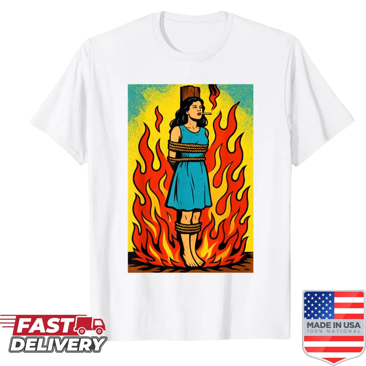 Cartoon witch lighting a cigarette with flames and occult symbols