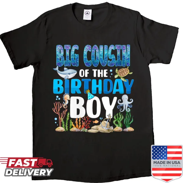 Illustrated sea animals on a birthday shirt for the big cousin.