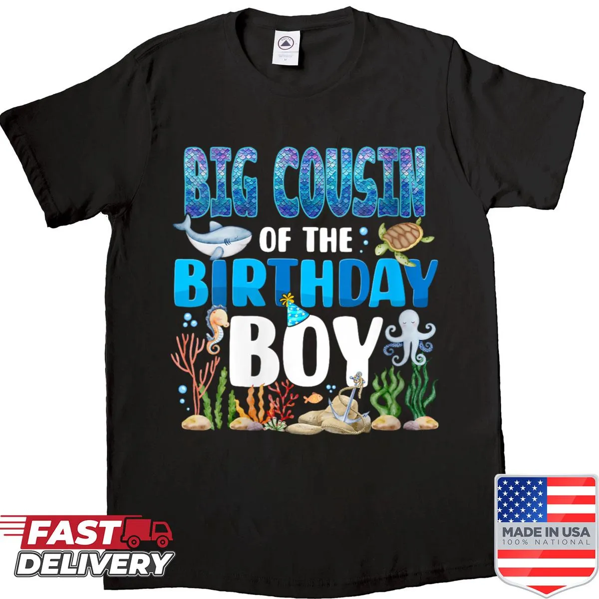Illustrated sea animals on a birthday shirt for the big cousin.