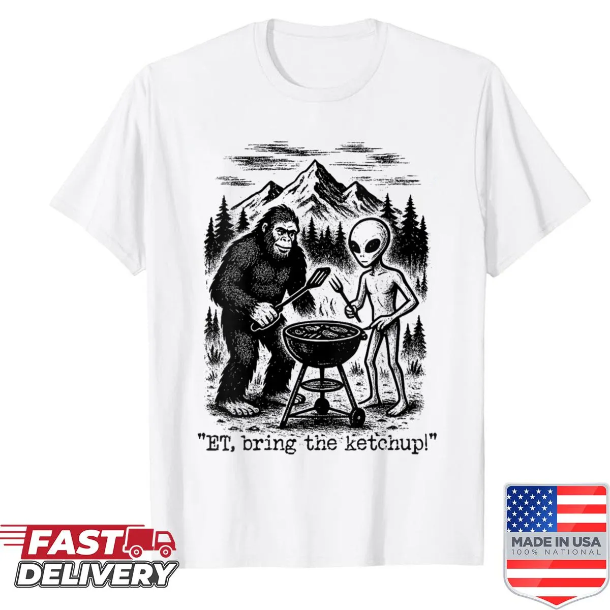 Bigfoot and alien grilling meme shirt illustration
