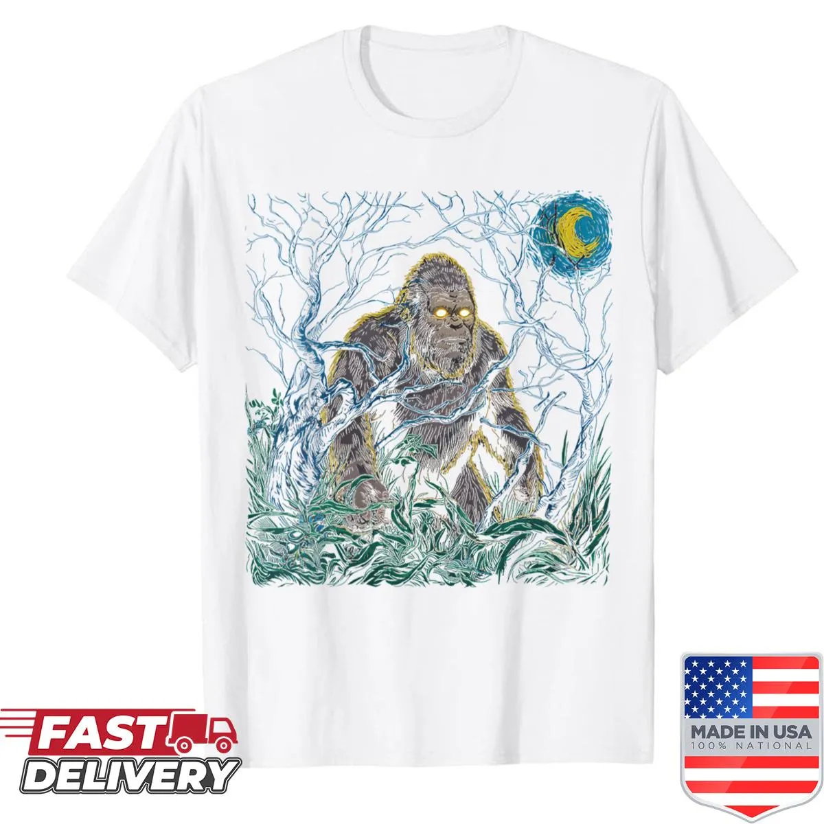 Sasquatch under a starry night sky inspired by Van Gogh on women's shirt