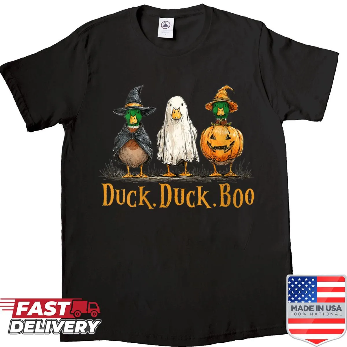 Cartoon Halloween shirt with ducks, pumpkins, and 'Duck Duck Boo' phrase