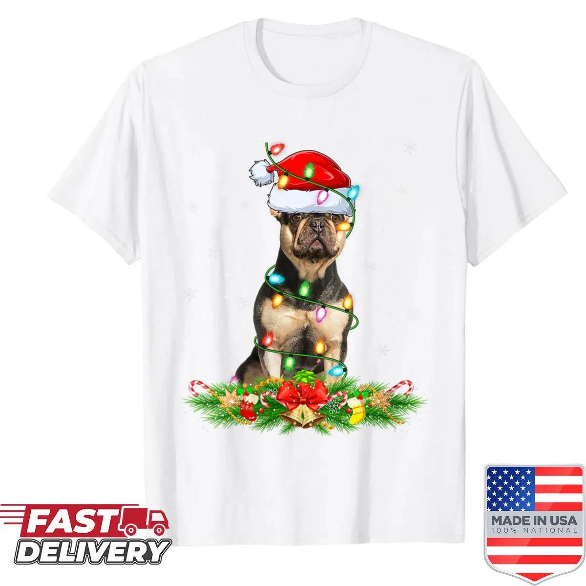 Christmas shirt featuring a French Bulldog in lights and Santa hat