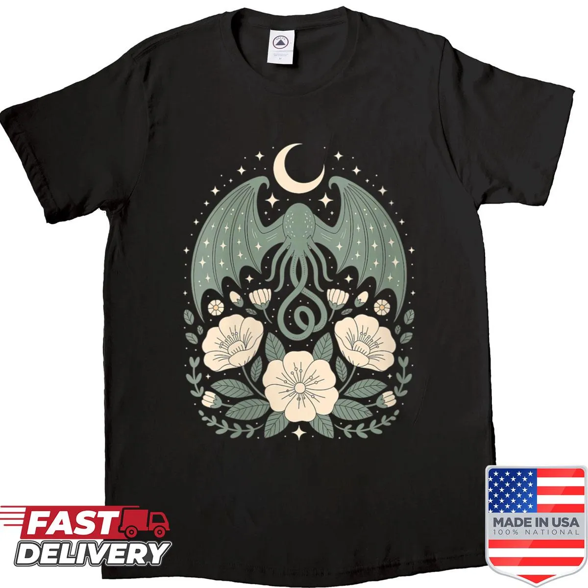 Goblincore shirt with alien moths and moon phases design