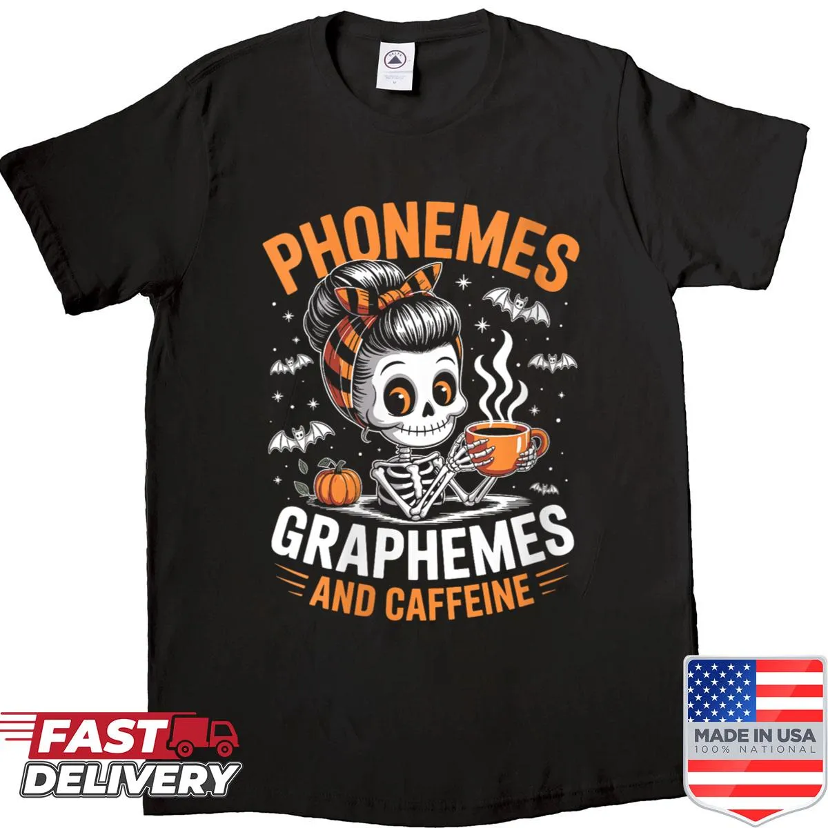Halloween-themed shirt for teachers with a skeleton and literacy design
