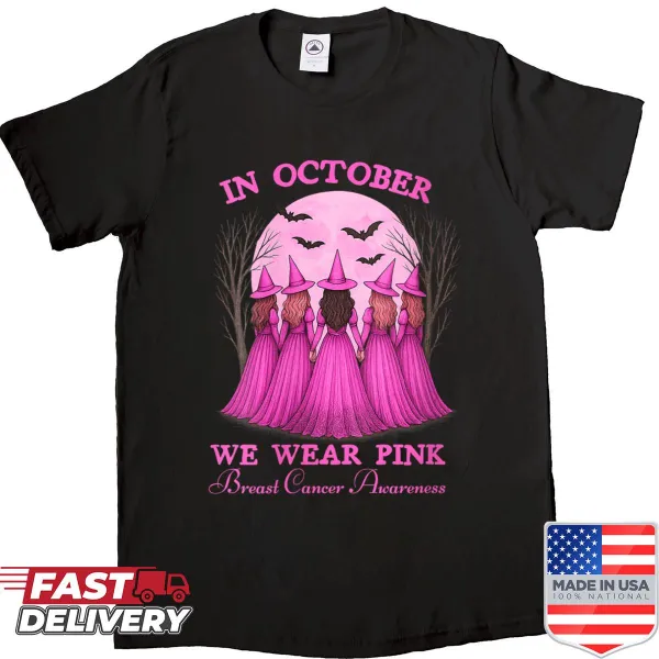 Breast cancer awareness shirt with witch graphic and pink theme