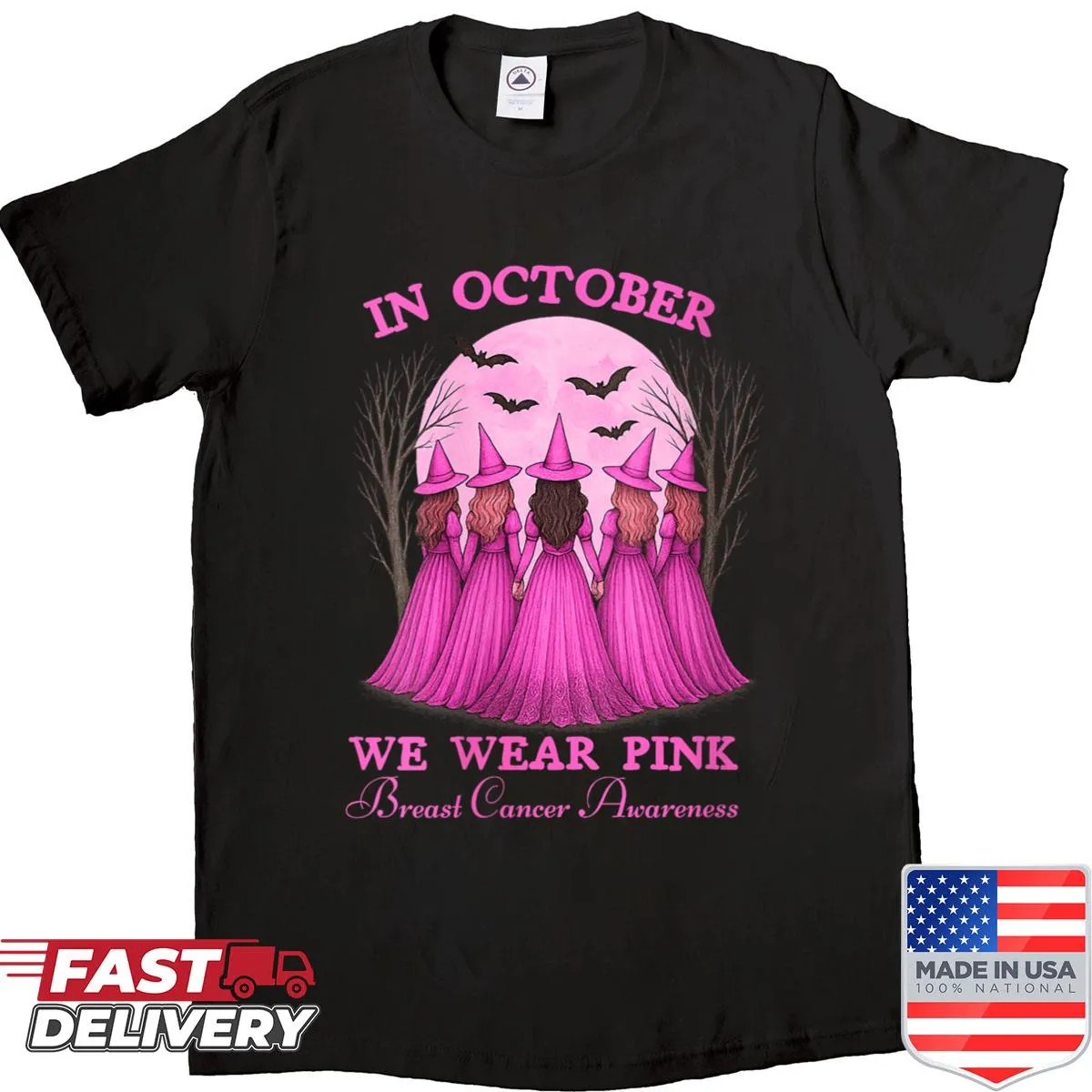Breast cancer awareness shirt with witch graphic and pink theme