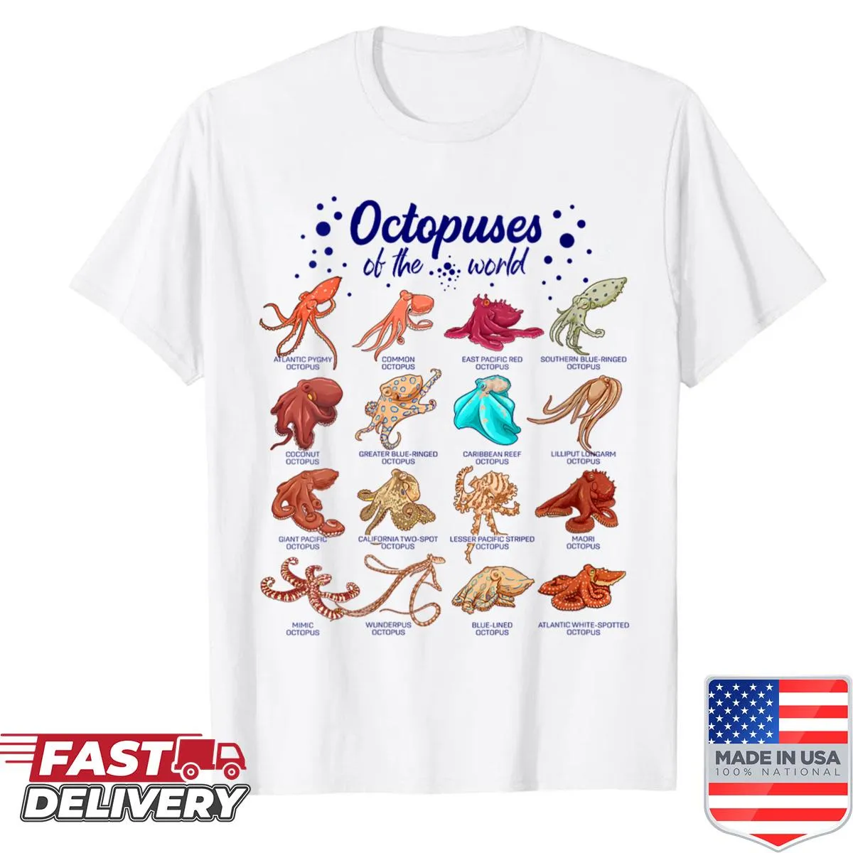 Shirt with illustrations of various types of octopuses in playful poses