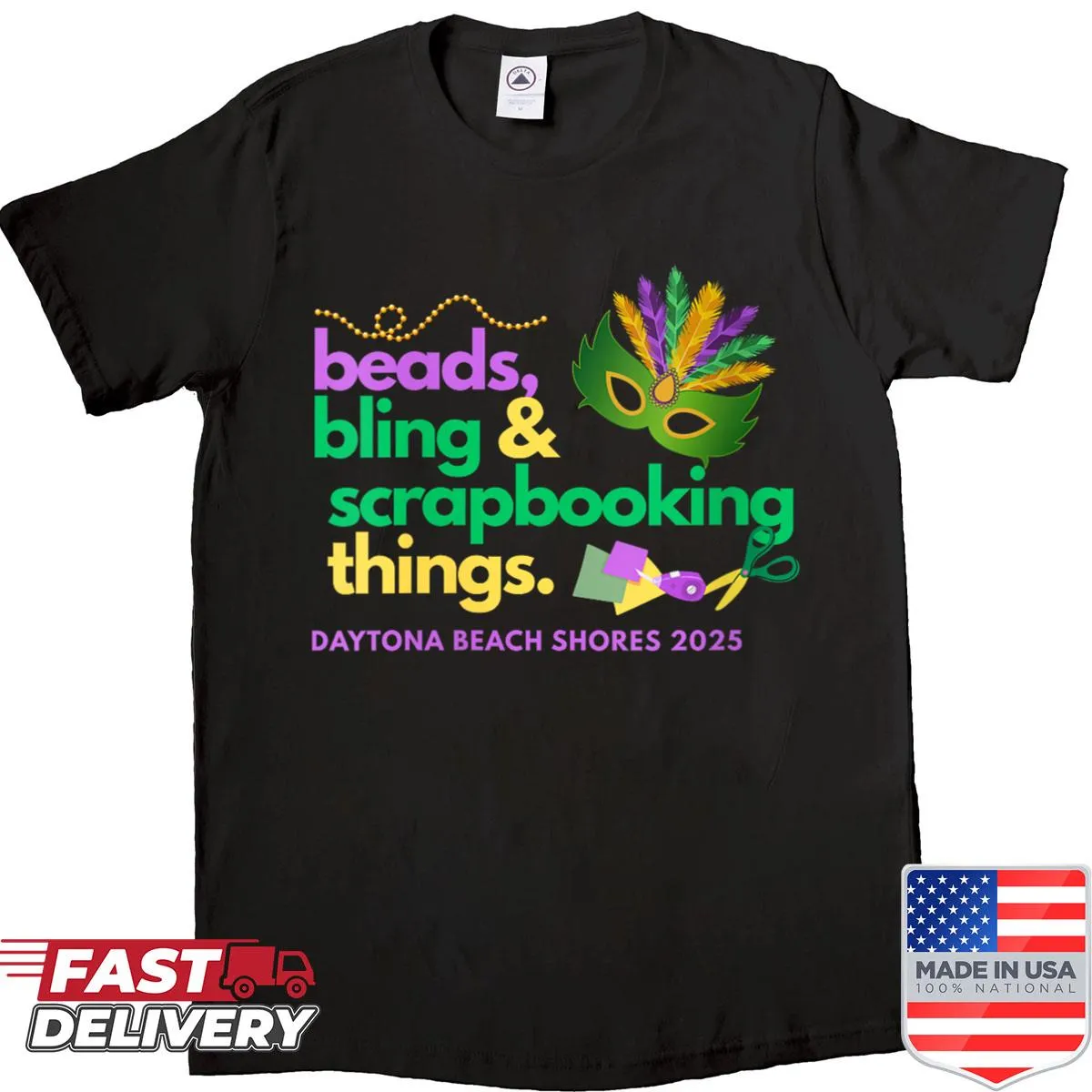 Mardi Gras themed beach graphic on a women's shirt