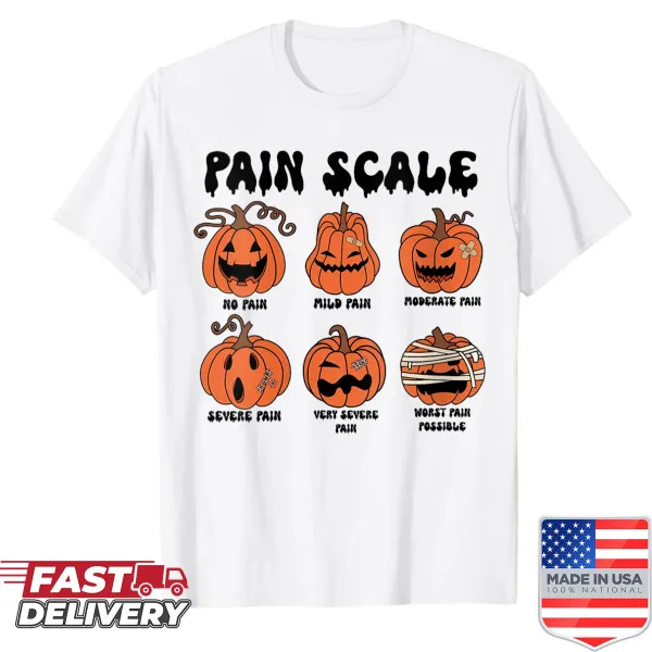 Halloween-themed nurse shirt with a pumpkin pain scale illustration