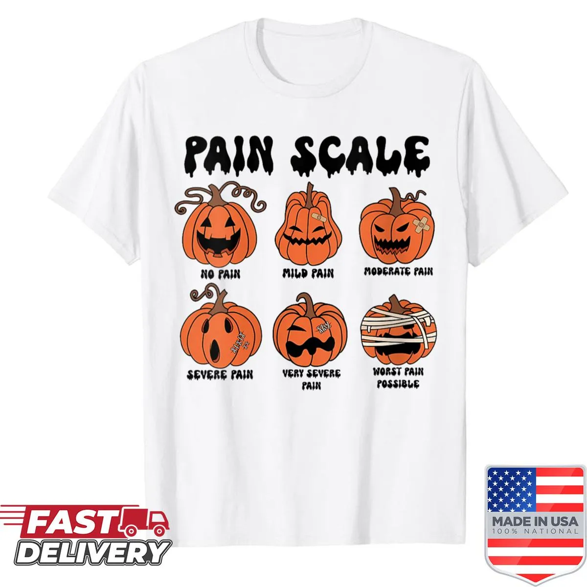 Halloween-themed nurse shirt with a pumpkin pain scale illustration