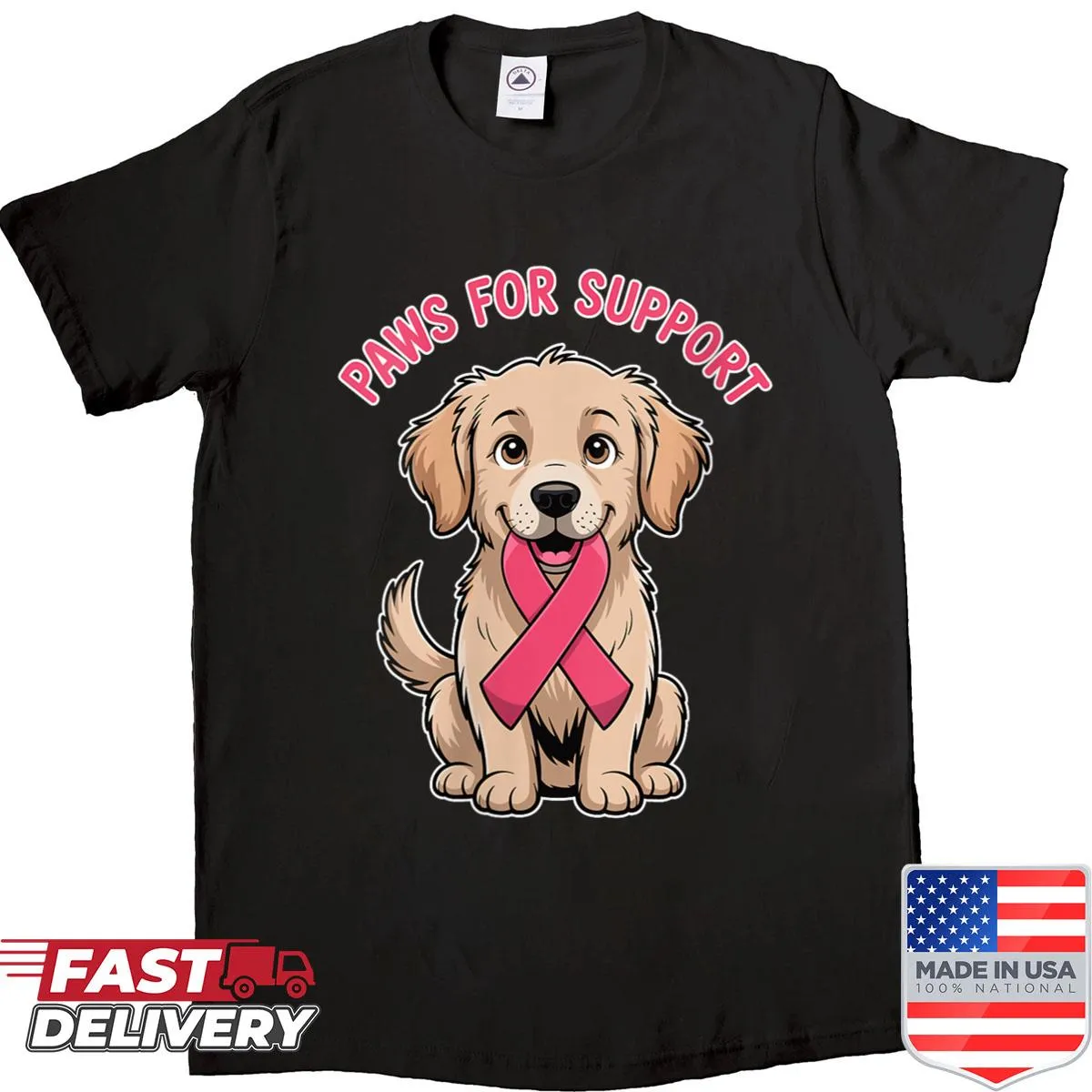 Breast cancer awareness shirt with paw print and pink ribbon design