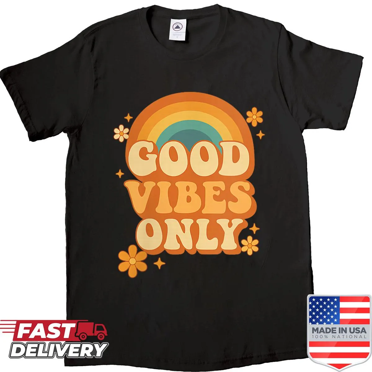 Retro rainbow design shirt with vibrant typography