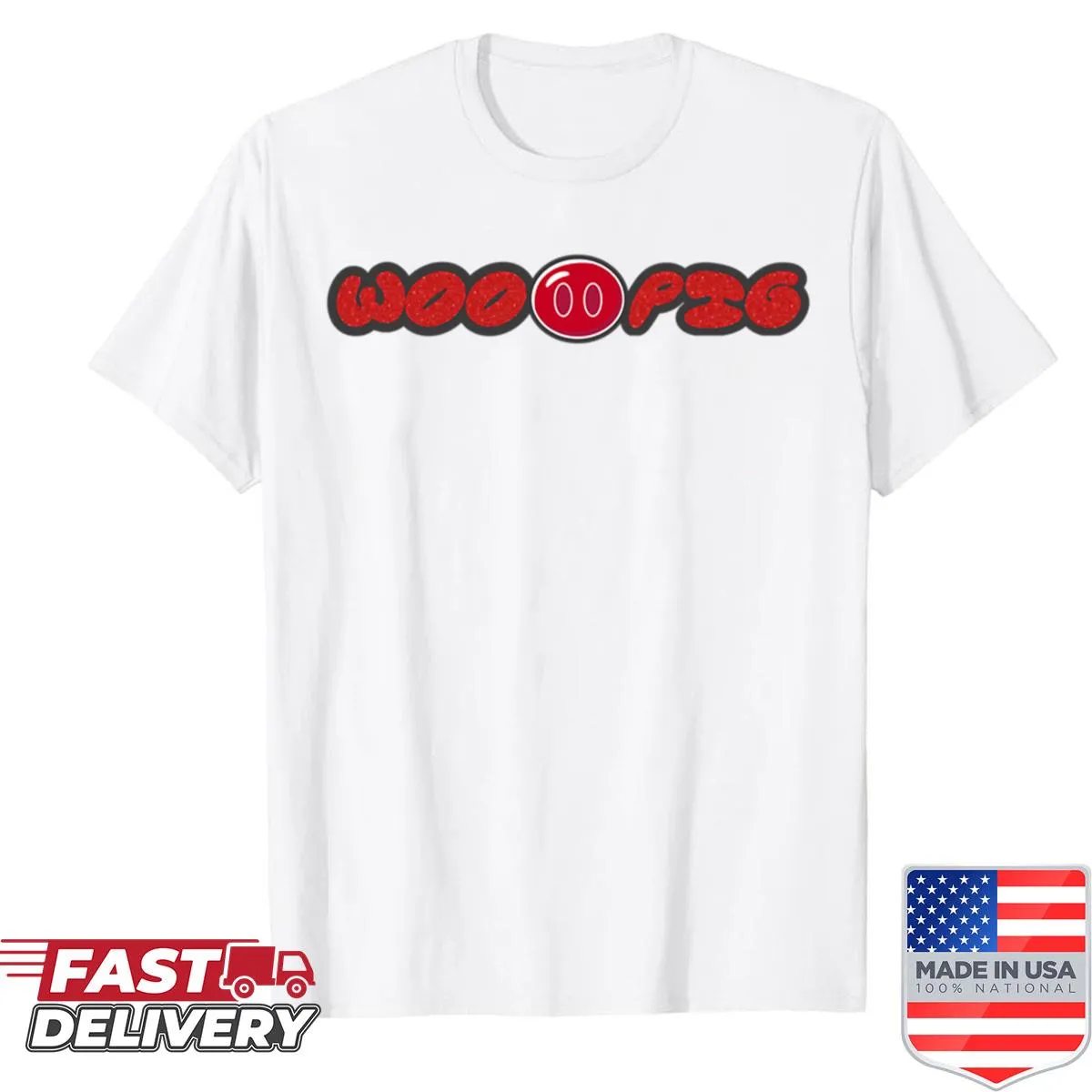 Simple wordmark shirt with 'Woo Pig' text for sports fans