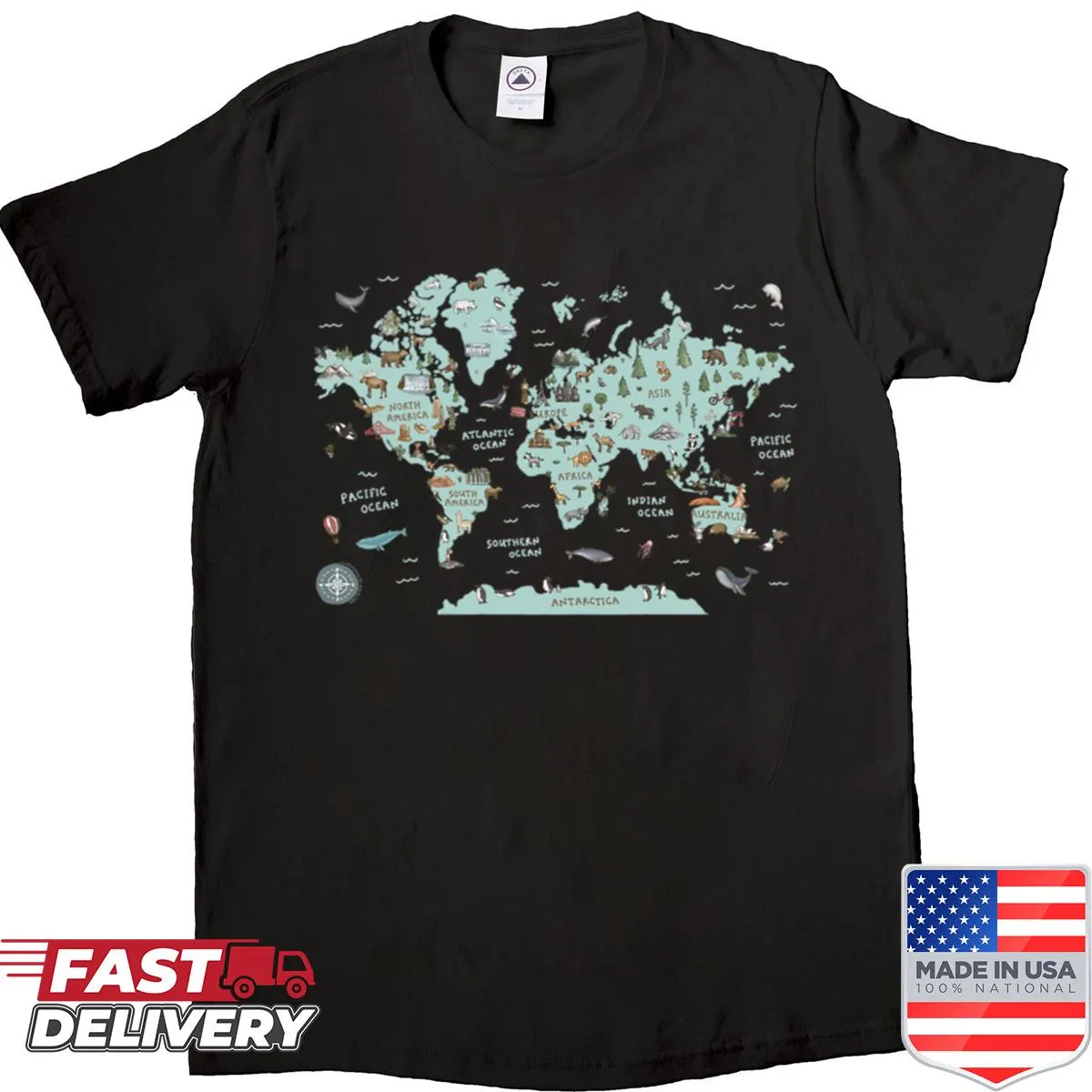 T-shirt featuring a detailed world map illustration