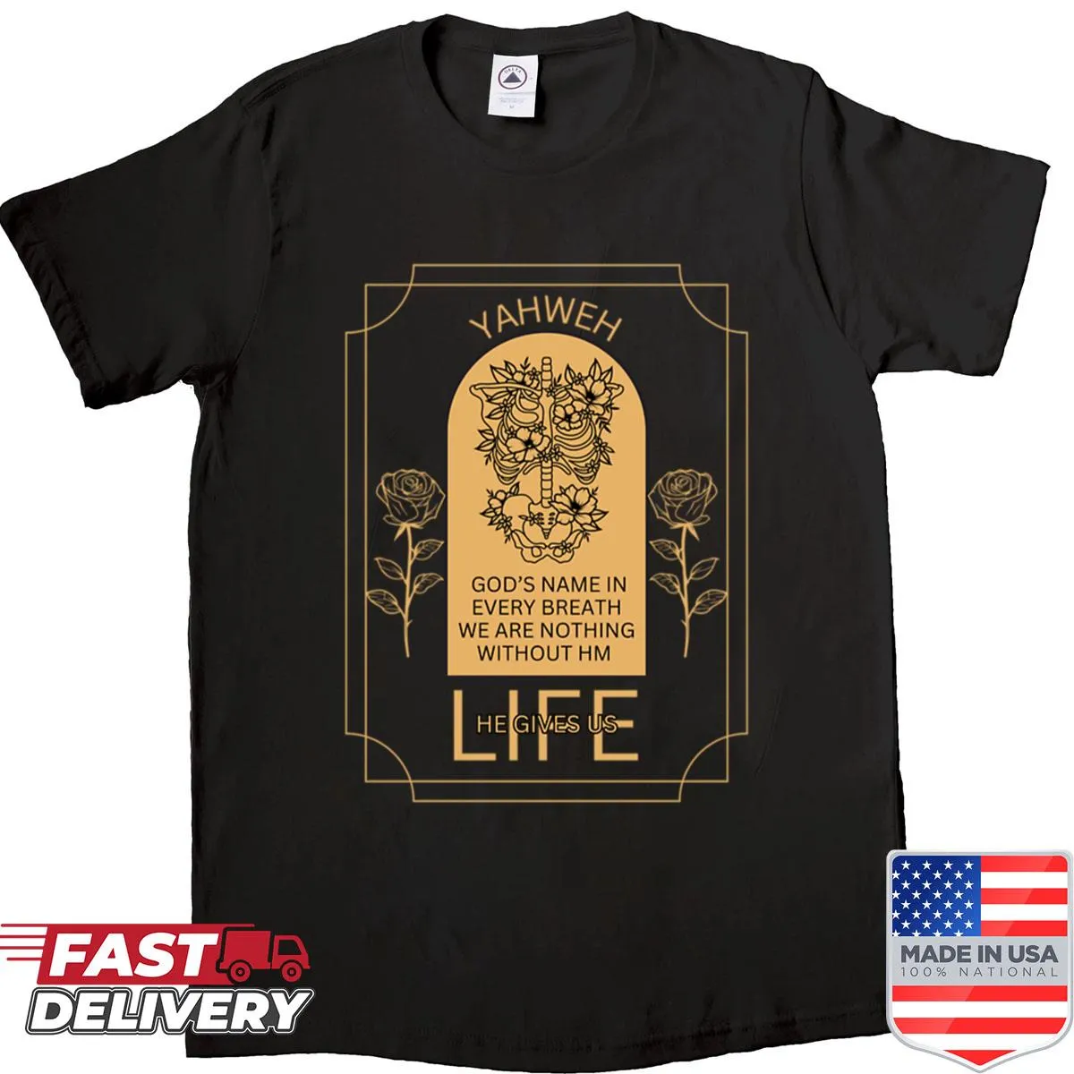 Skeleton graphic shirt with 'Yahweh' text emphasizing life's breath