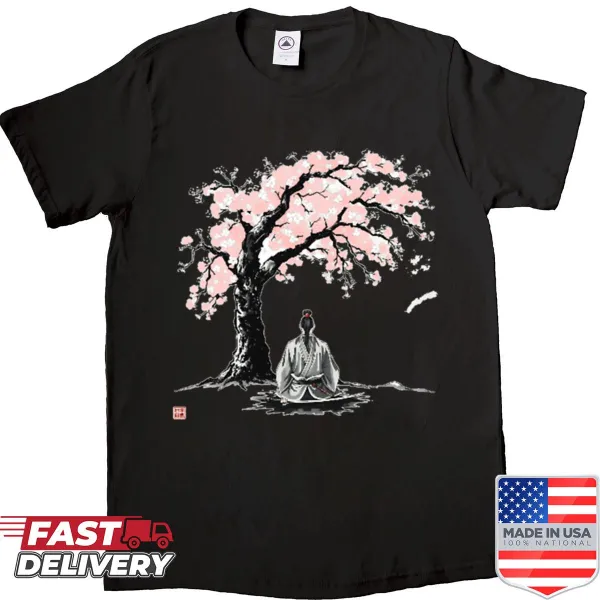 Zen samurai shirt with illustration of meditation under sakura tree