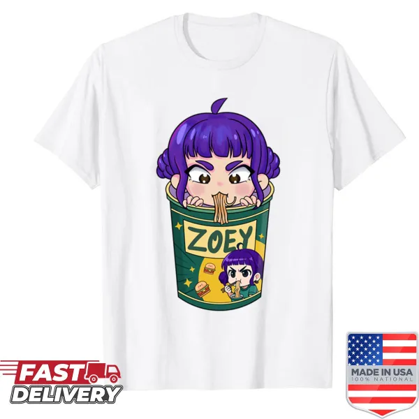 Anime illustration T-shirt featuring Zoey and her noodles.